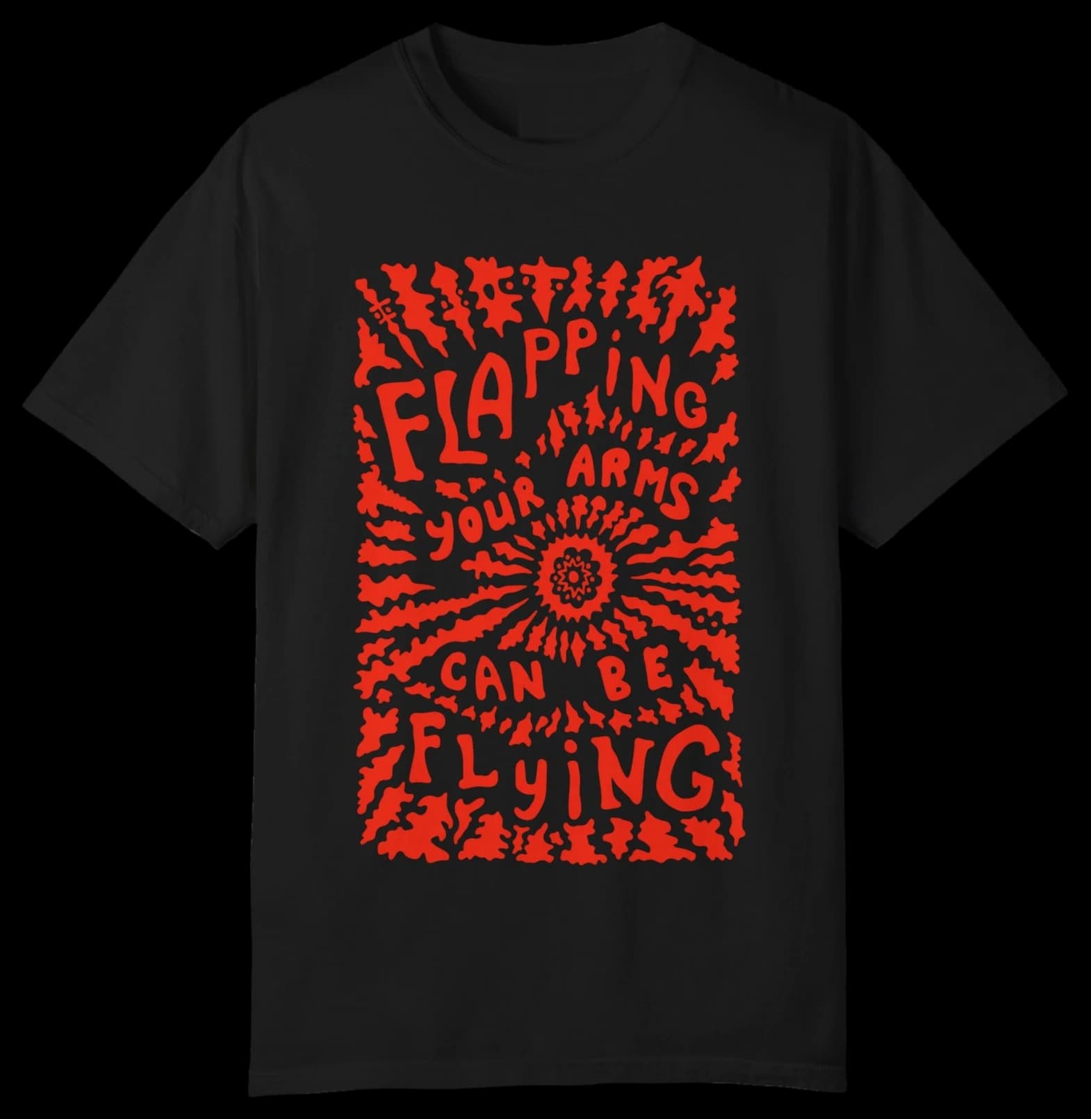 Flapping Your Arms Can Be Flying psychedelic T-shirt in Black