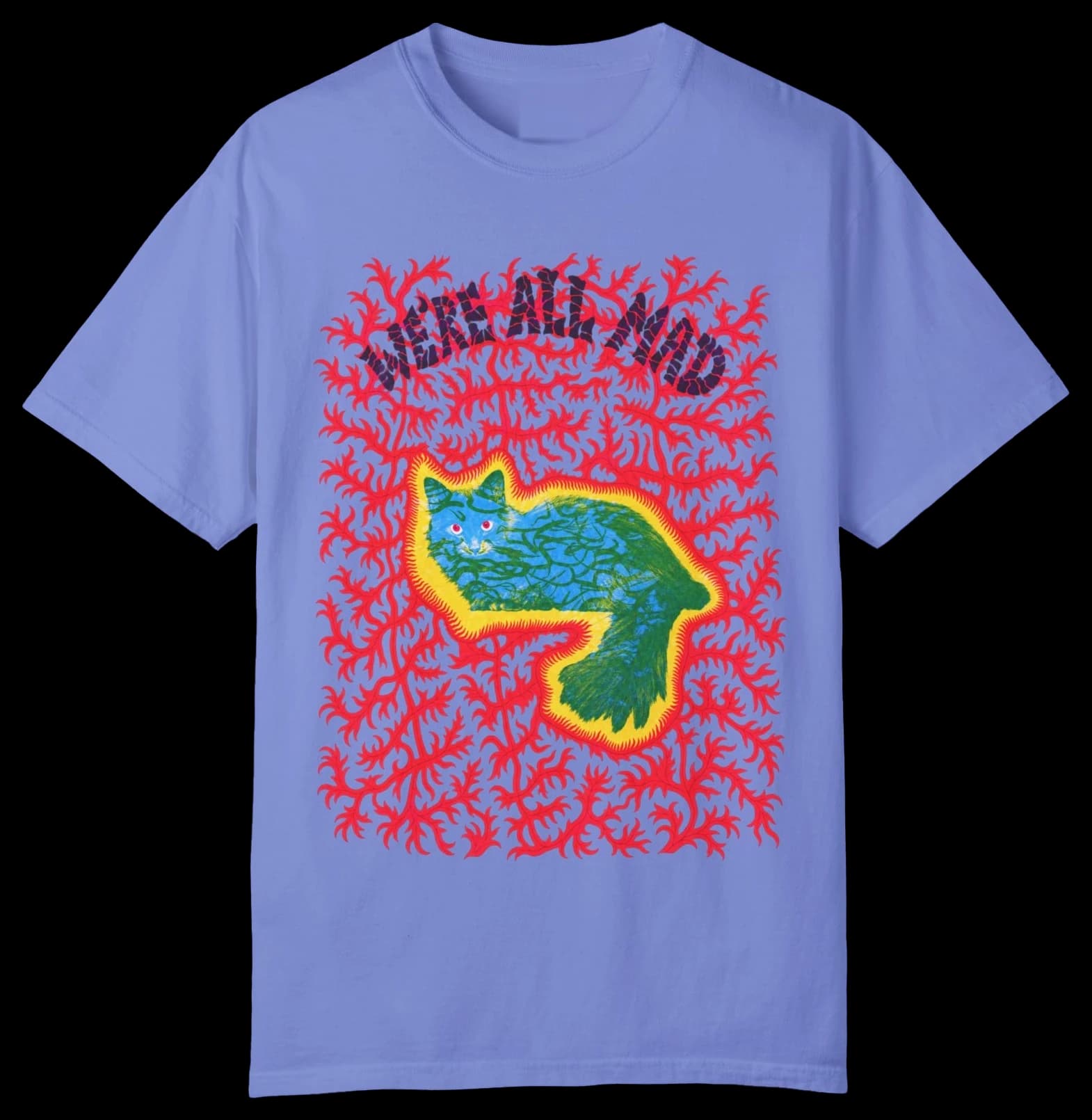 We're All Mad psychedelic T-shirt in Flo Blue